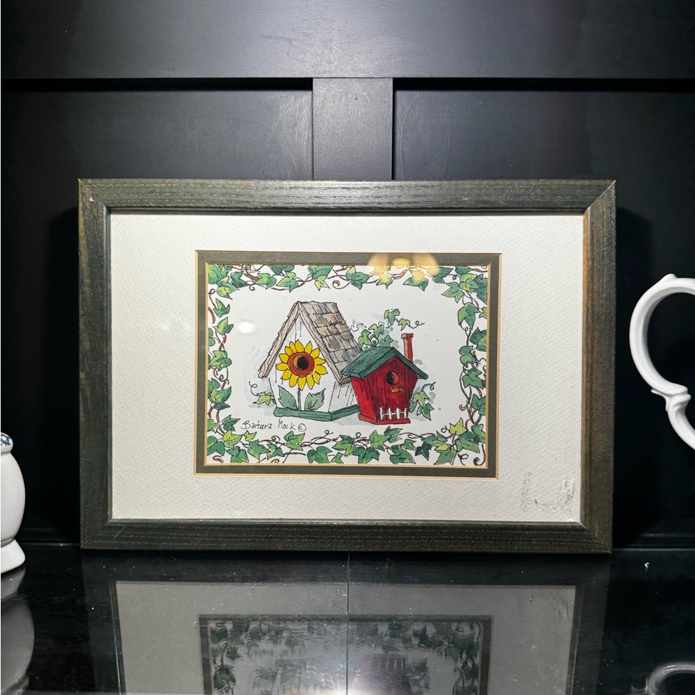Framed Art Print with Birdhouse and Sunflower